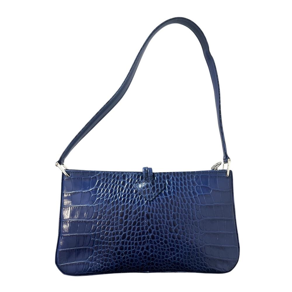 Longchamp Roseau Blue Croc Embossed Shoulder Bag Vintage Y2K Bamboo Toggle - Picture 2 of 11